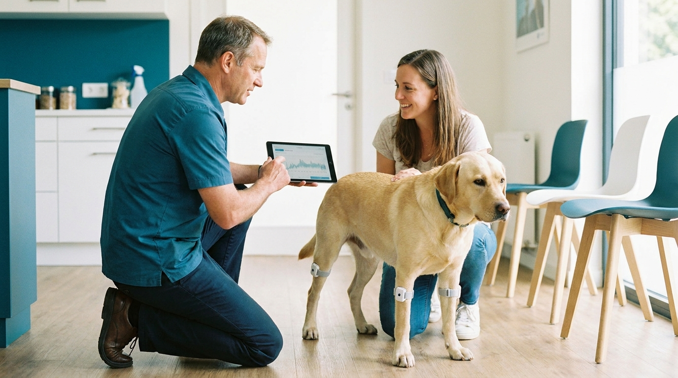 Tierarzt bespricht LupoGait-Ganganalyse-Ergebnisse am Tablet mit Hundebesitzerin, Labrador mit Sensoren