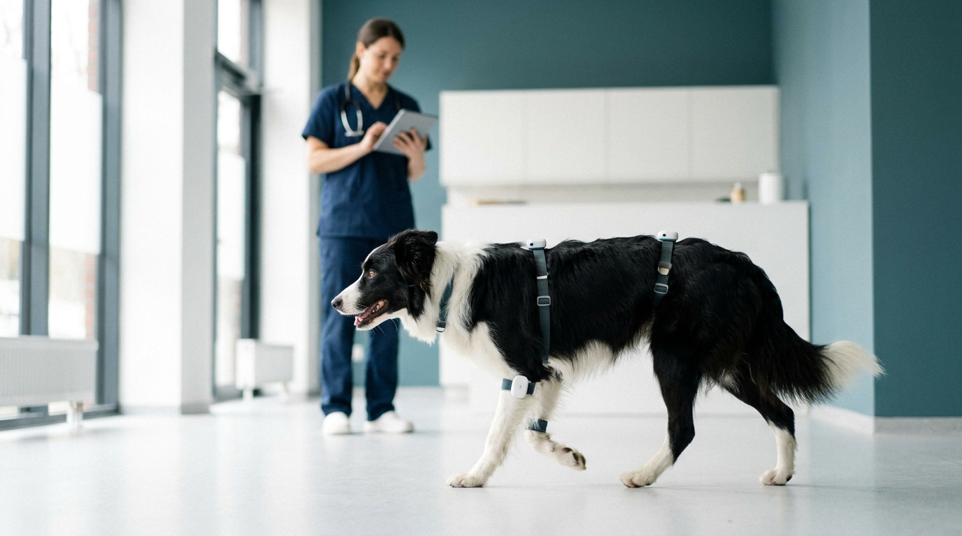 Hund mit LupoGait-Bewegungssensoren trabt durch eine Tierarztpraxis, Tierärztin mit Tablet im Hintergrund