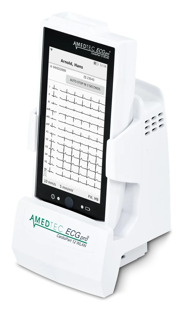 AMEDTEC CardioPart 12 WLAN, mobiles 12-Kanal-Ruhe-EKG in der Ladeschale
